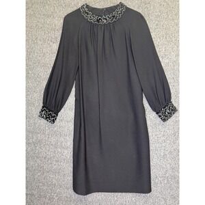 Vintage Black Sequin Trim Shift Dress Long Bishop Sleeve High Neck 1960s Mod